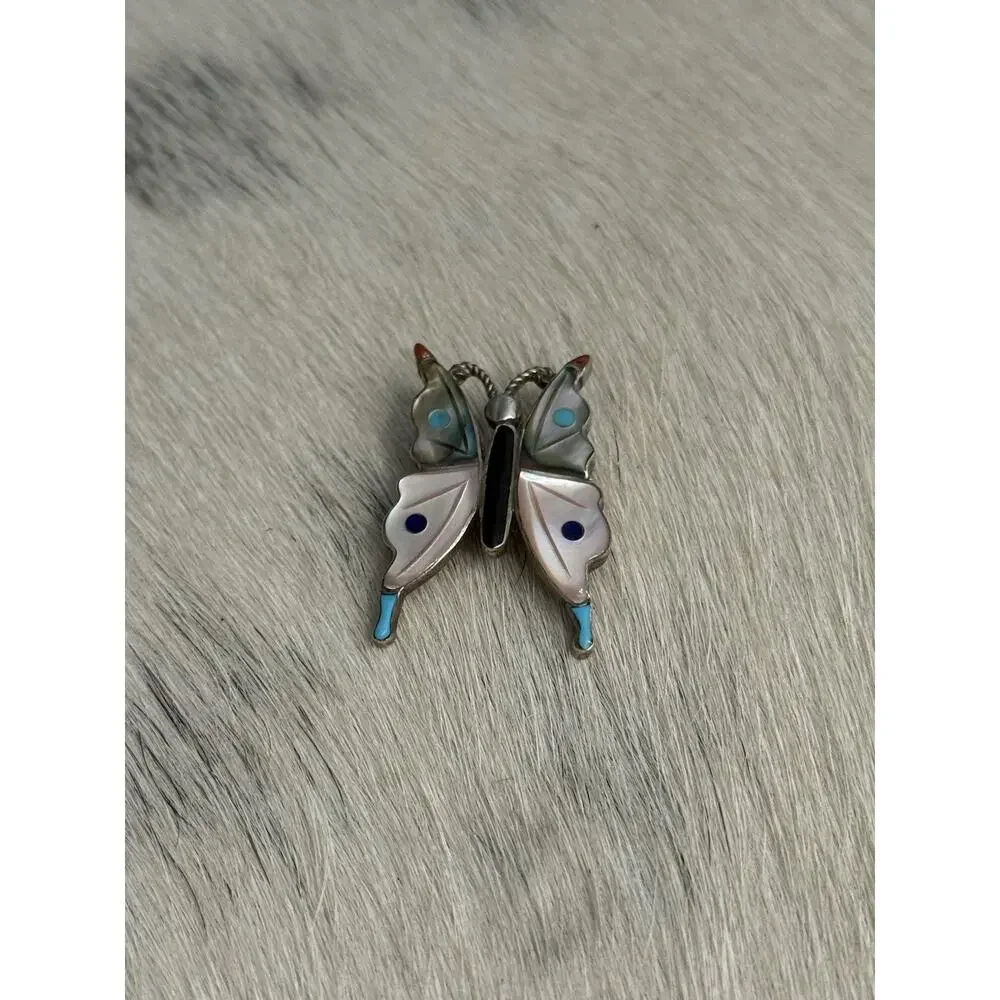 Zuni Sterling Silver VE inlay Butterfly Pendant Pin Turquoise Coral Shell Onyx